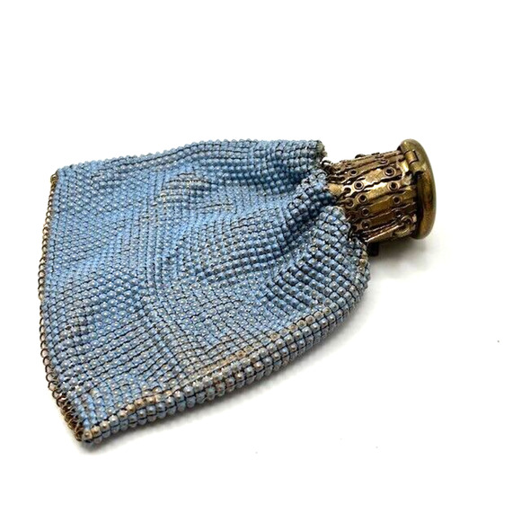 Vtg Antique Evening Purse Expandable Top Gold Mesh Beaded Beggars Bag Blue - Picture 4 of 14